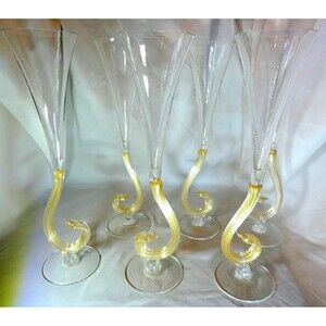 VTG SET of SIX UNION STREET GLASS Champagne Flutes 24KT Gold Leaf  MINT Signed